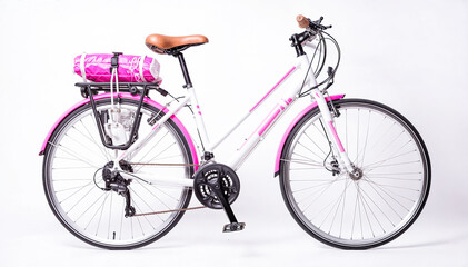 Fototapeta na wymiar commuter bicycle with pink saddle and pink bag on the rack isolated on white background
