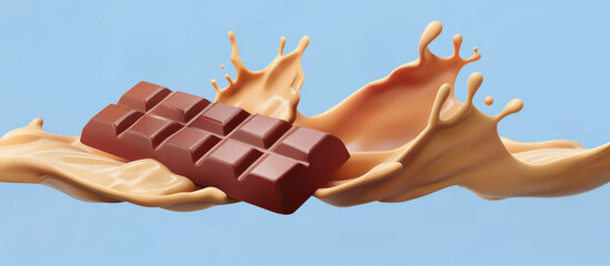 Rich Creamy Fluid Chocolate mix with Oat milk soft brown sugar tea splash with chocolate bar on it in blue background