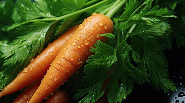 Close up of ripe carrots with water drops