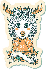 elf druid character with natural twenty dice roll illustration