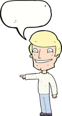 cartoon happy man pointing with speech bubble