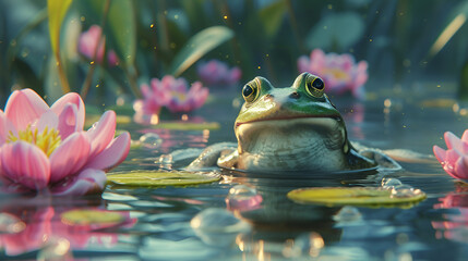 Adorable Frog and Vacation Fantasy - Enchanting Illustration of Amphibian Holiday Wonder Generative Ai