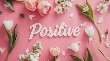 Foto op Canvas White text 'Positive' surrounded by a lively arrangement of pink flowers. © _veiksme_