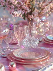 A sophisticated table setup featuring glitter plates, crystal glasses, and cherry blossoms in soft pastel hues, perfect for upscale events