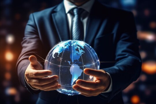 Lighting transparent globe with connections in Businessman hands