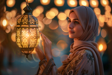 An Arab woman is carrying a lantern for Ramadan.