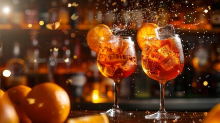 Aperol Spritz cocktail with splash on bar background. Glass of alcoholic drink - obrazy, fototapety, plakaty