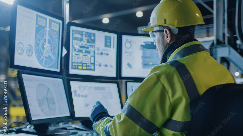 Poster main engineer following the plant process using industry 4.0. operator control process of production