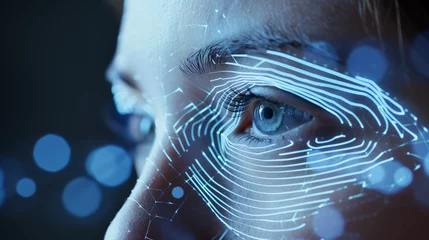 Rolgordijnen Biometric security AI advancement iris fingerprint scanner lock cyber digital password encryption key safety online scam protection © The Stock Image Bank