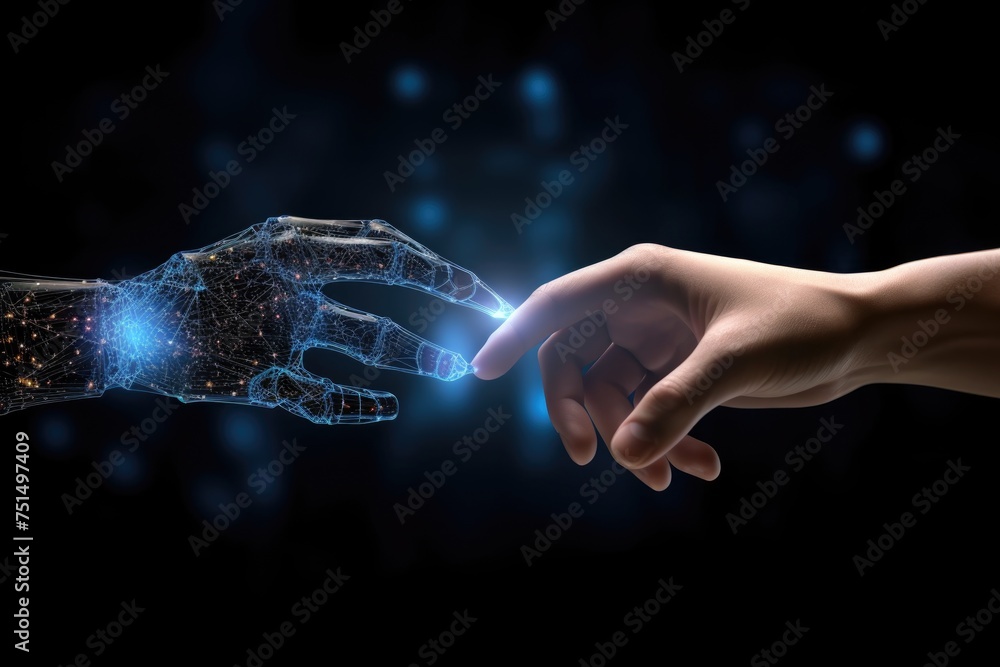 Aufkleber hands of human and artificial intelligence technology touching for big data network exchange.