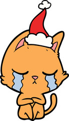 Fototapeta premium crying line drawing of a cat sitting wearing santa hat