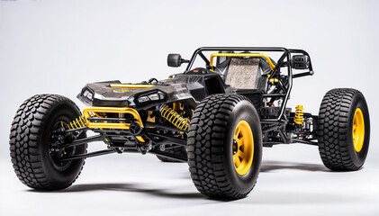 Fototapeta na wymiar A black and yellow dune buggy with large wheels and a sleek design It is isolated on a white background