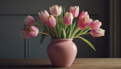 a bunch of tulips in pink vase standing on the wooden table indoors