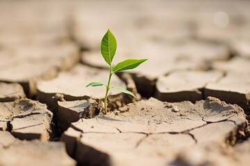 A single young green plant sprouting through cracked, dry earth, symbolizing hope and resilience.