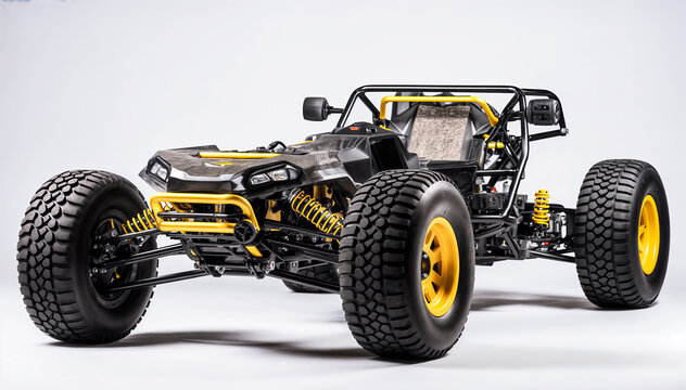A black and yellow dune buggy with large wheels and a sleek design It is isolated on a white background