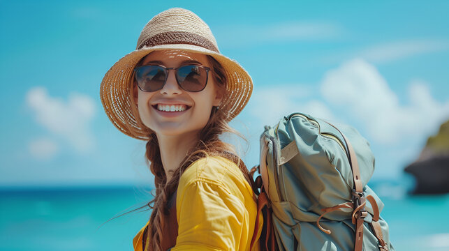 Happy Travel Woman on Vacation Concept. Funny Traveler Embracing Adventure and Leisure Activities in Exotic Destinations. Joyful Wanderlust and Tourism Exploration. Generative Ai