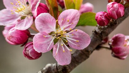 close up pink asian wild crabapple tree blossom
