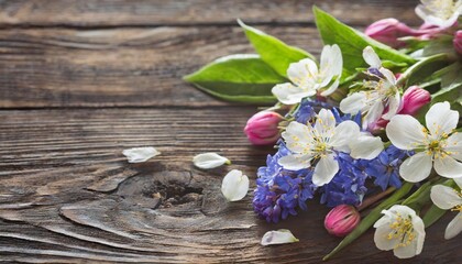spring flowers on dark wooden background