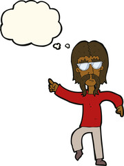 cartoon hippie man wearing glasses with thought bubble