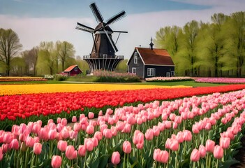 dutch windmill in the country, flower fileds