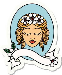 tattoo sticker with banner of a maiden with eyes closed