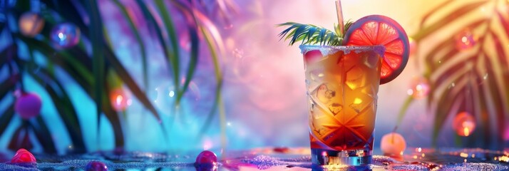 Mai Tai Cocktail Cocktail on Neon Background, Tropical Mocktail, Maitai Beach Party Coctail - obrazy, fototapety, plakaty