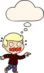 cartoon stressed out pointing and thought bubble in comic book style