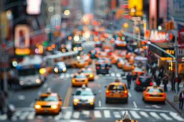 A busy city street is jam-packed with cars, buses, and pedestrians, all moving quickly in different directions. Generative AI