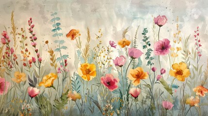 Vintage watercolor floral background with poppies and wildflowers.