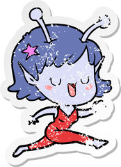 distressed sticker of a happy alien girl cartoon laughing