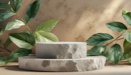 stone podium mockup with green leaves on beige background front view