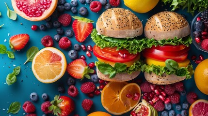 Healthy food concept. Top view of hamburgers with fresh fruits and vegetables on blue background