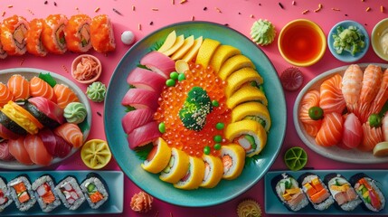 Sushi set on pink background, top view. Japanese food.