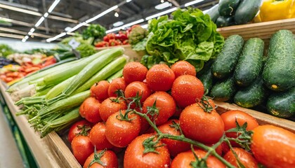 Fototapeta na wymiar fresh organic vegetables and fruits on shelf in supermarket farmers market healthy food concept vitamins and minerals tomatoes capsicum cucumbers mushrooms zucchini