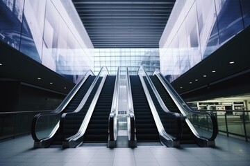 Symmetrical view of escalators within a sleek, modern architecture setting. Modern Escalators in Contemporary Building