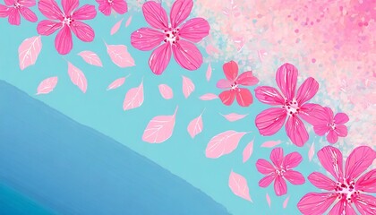a blue and pink background with pink flowers on the petals