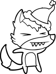 angry wolf line drawing of a wearing santa hat