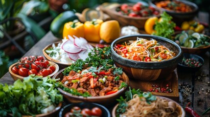 Spicy salad in wooden bowl with fresh vegetables on table