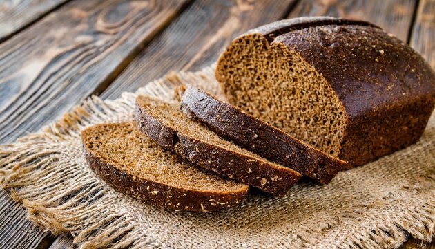 sliced pieces of fresh rye black bread on lies on burlap on old wooden table