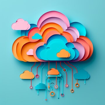 This image features a vibrant 3D paper-cut style cloud with connecting circuit lines, symbolizing network connectivity or data cloud concept