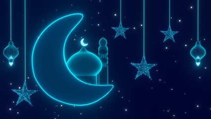 Obraz na płótnie Canvas Islamic background with crescent moon, mosque, hanging neon stars and glowing particles. Ramadan, Mubarak, iftar, Islamic , religion, muslim, fasting,..