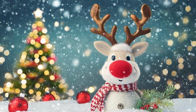 reindeer toy with cold red nose christmas background concept 3d rendering