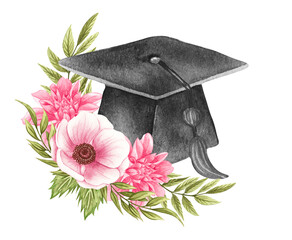 Watercolor graduation cap with flower wreath.