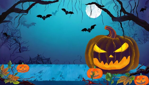 horror halloween blue evil background october table mystery pumpkin night fear