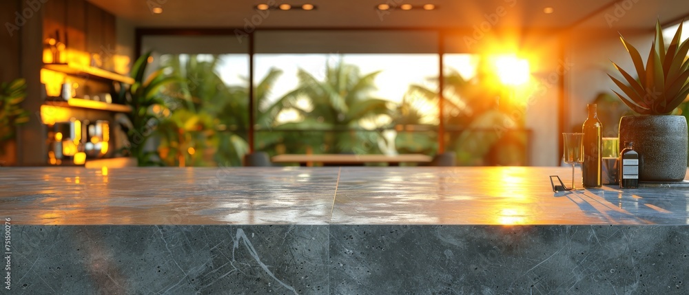 Aufkleber the marble countertop of an island kitchen is close-up against a blurred background of a kitchen wit