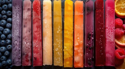Closeup of colorful juicy ice pops with fruits. Top view of fruit flavor water ice sweet background...