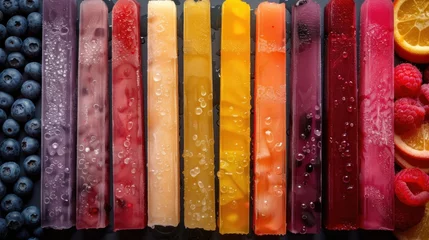 Fotobehang Closeup of colorful juicy ice pops with fruits. Top view of fruit flavor water ice sweet background from above © Patrycja