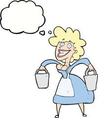 cartoon milkmaid carrying buckets with thought bubble