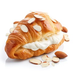 Croissant topped with cream and almonds on white background