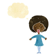 cartoon woman in dress with thought bubble